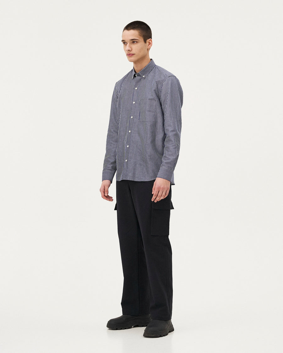 Curtis Blue stripes, chemise en coton upcyclé NOYOCO, homme AW25 studio