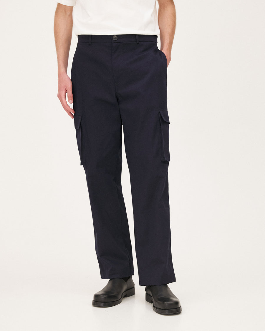 Cargo Navy, pantalon en coton biologique NOYOCO, detail ss26 studio