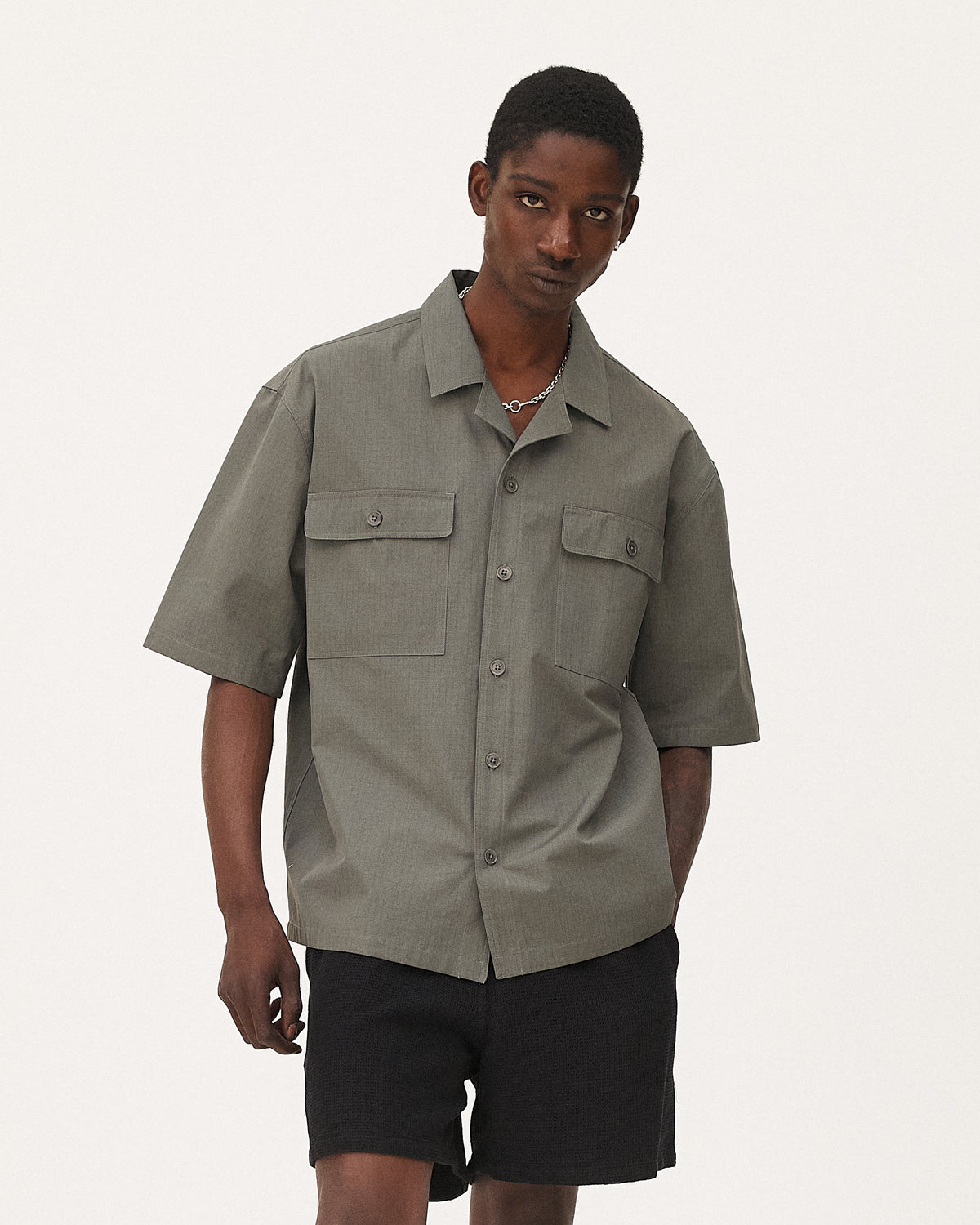 Borneo Army Green shirt, SS26 menswear studio look