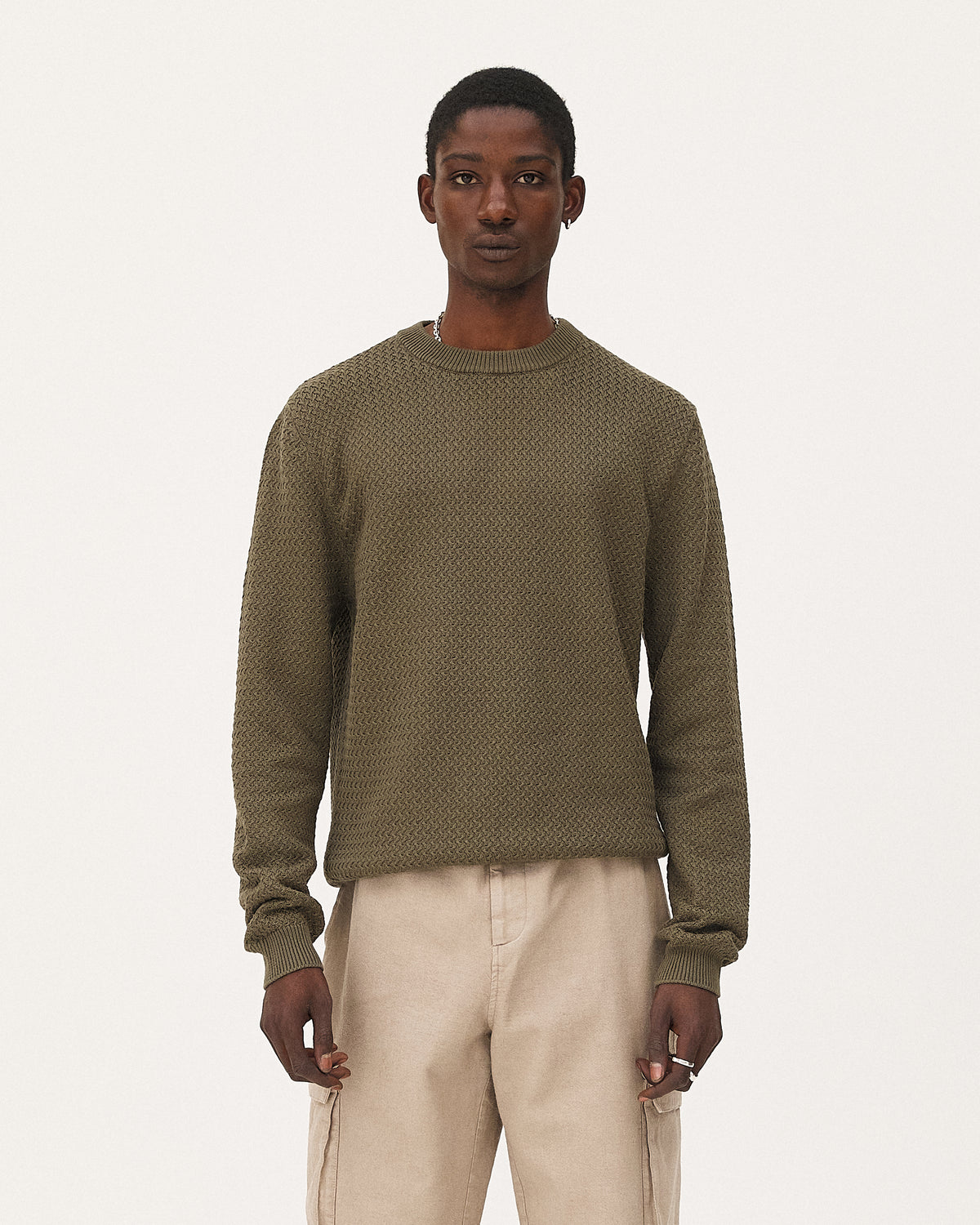 Roma Khaki, pull en coton biologique NOYOCO, homme ss26 studio