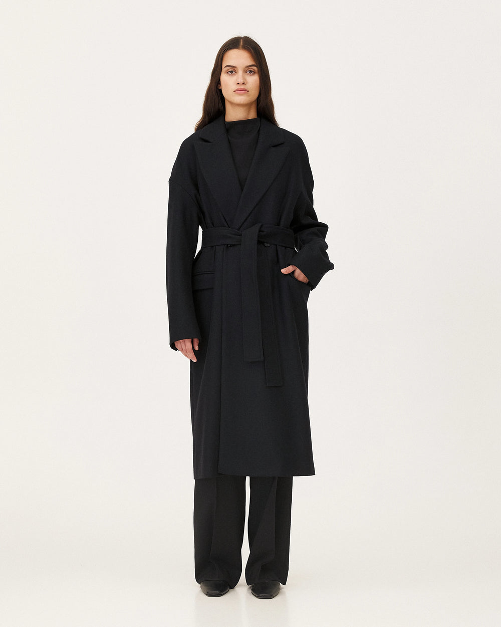 Caspa Midnight Blue coat, womenswear look