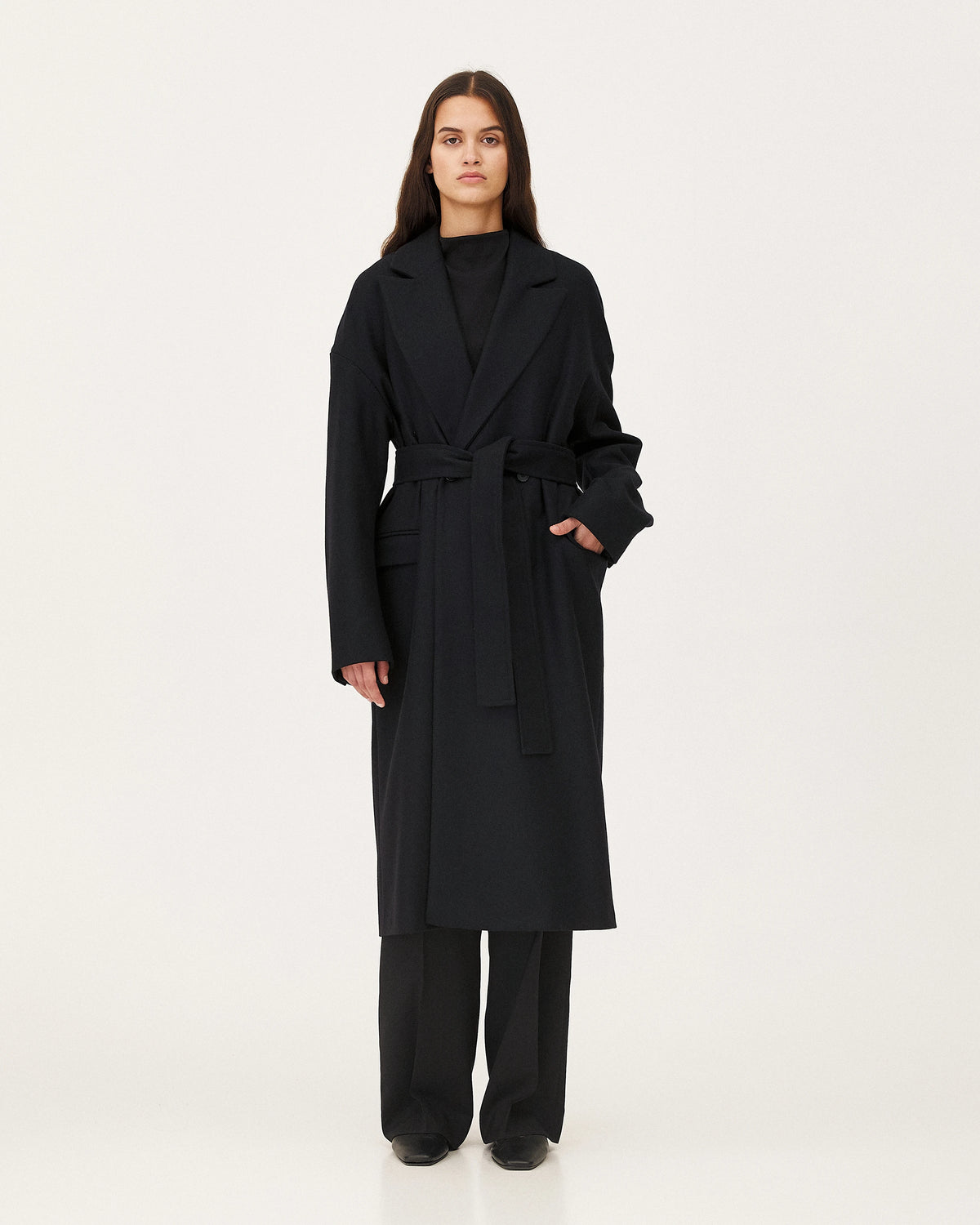 Caspa Midnight Blue coat, womenswear look