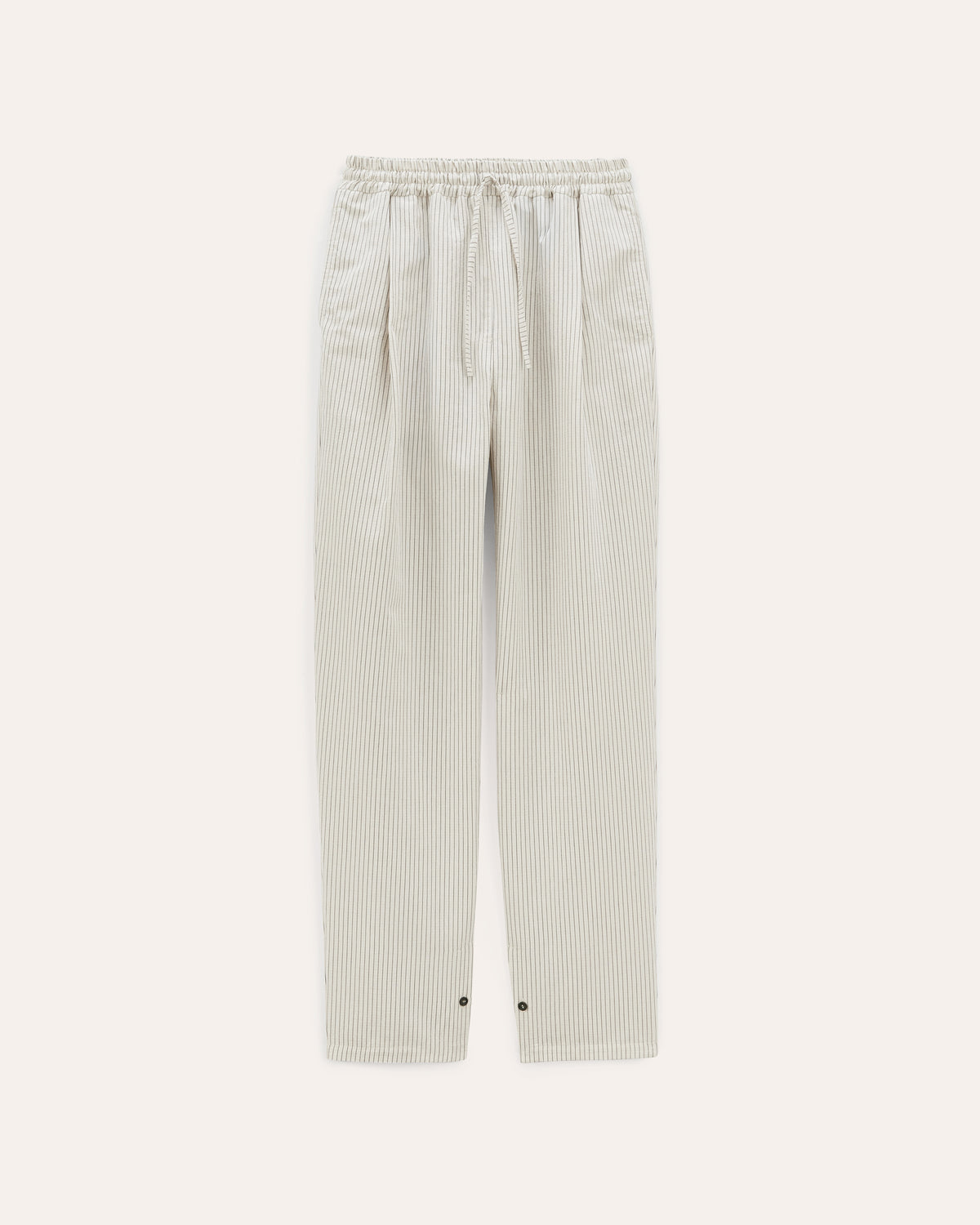 Helio Ecru stripes, pantalon en coton biologique et lin NOYOCO, packshot ss26 studio