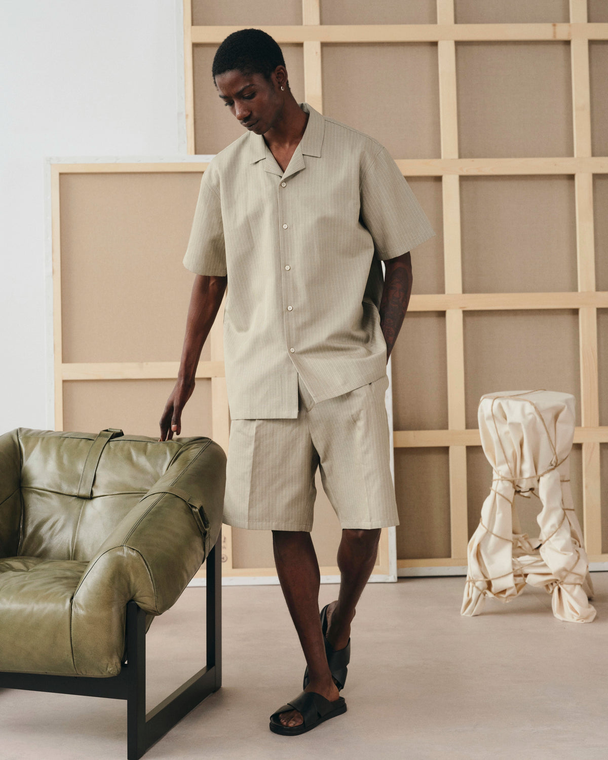Como Beige stripes, short en coton upcyclé NOYOCO, homme edito SS26