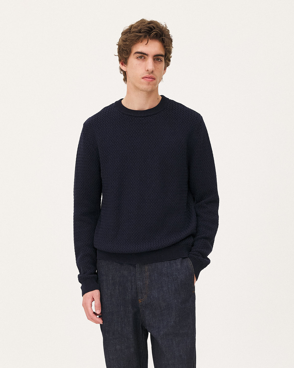 Roma Navy sweater, SS26 menswear studio look