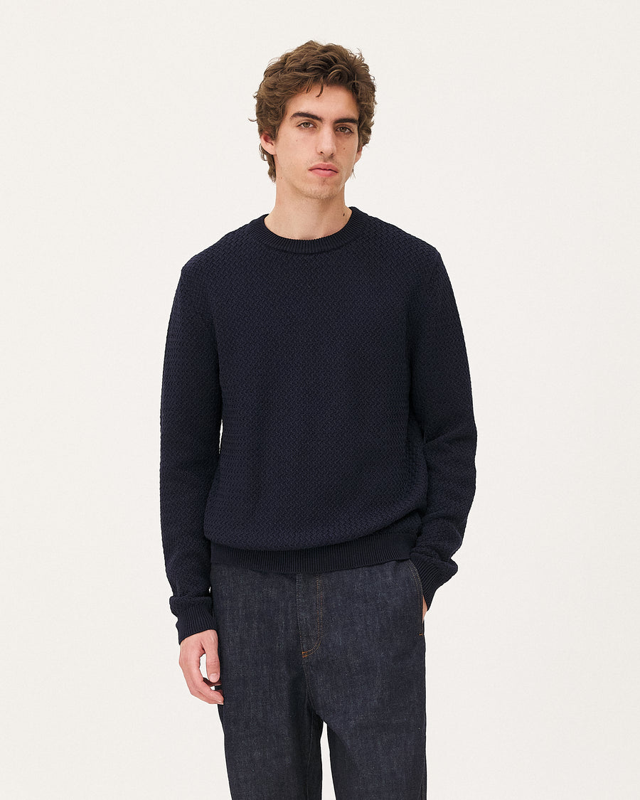 Roma Navy sweater, SS26 menswear studio look