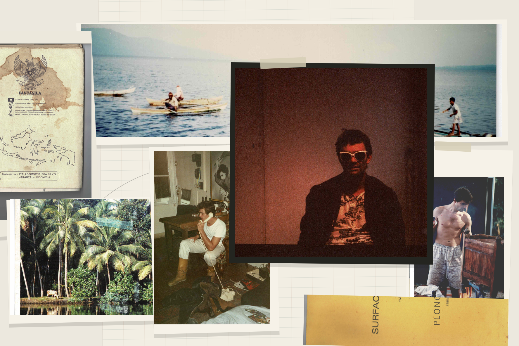 Collage d’archives personnelles : portrait en lunettes de soleil, travail de la main, mer et végétation.