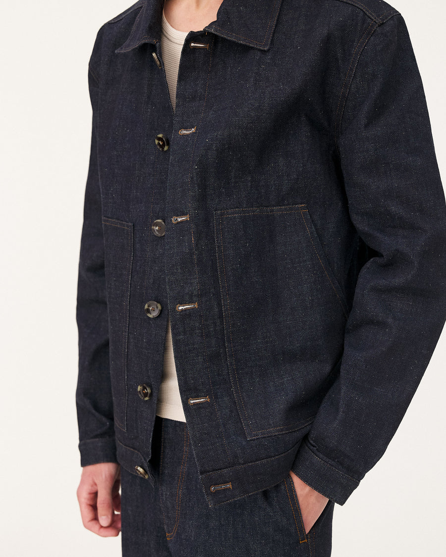 Arizona Indigo jacket, SS26 studio detail view