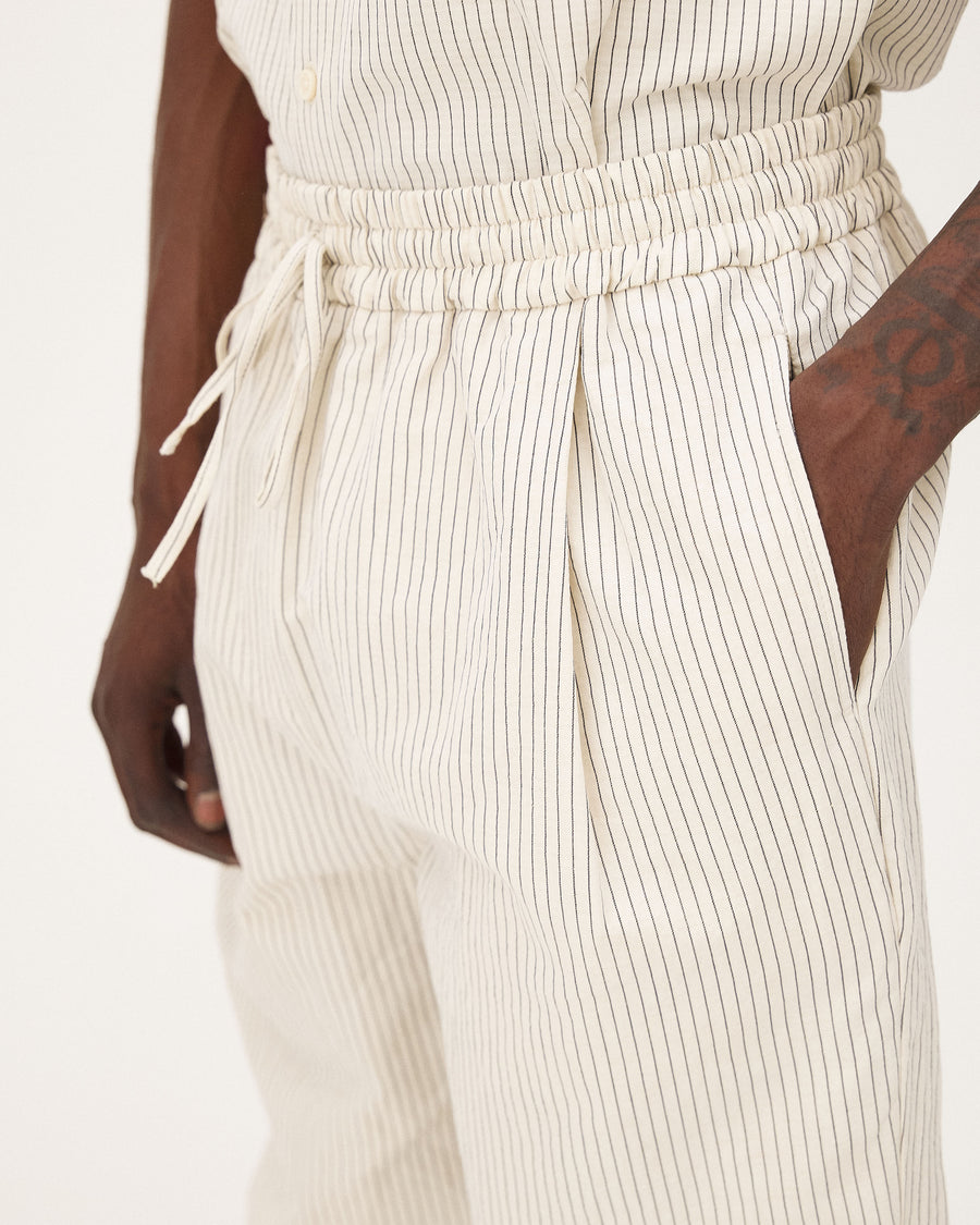 Helio Ecru stripes, pantalon en coton biologique et lin NOYOCO, detail ss26 studio
