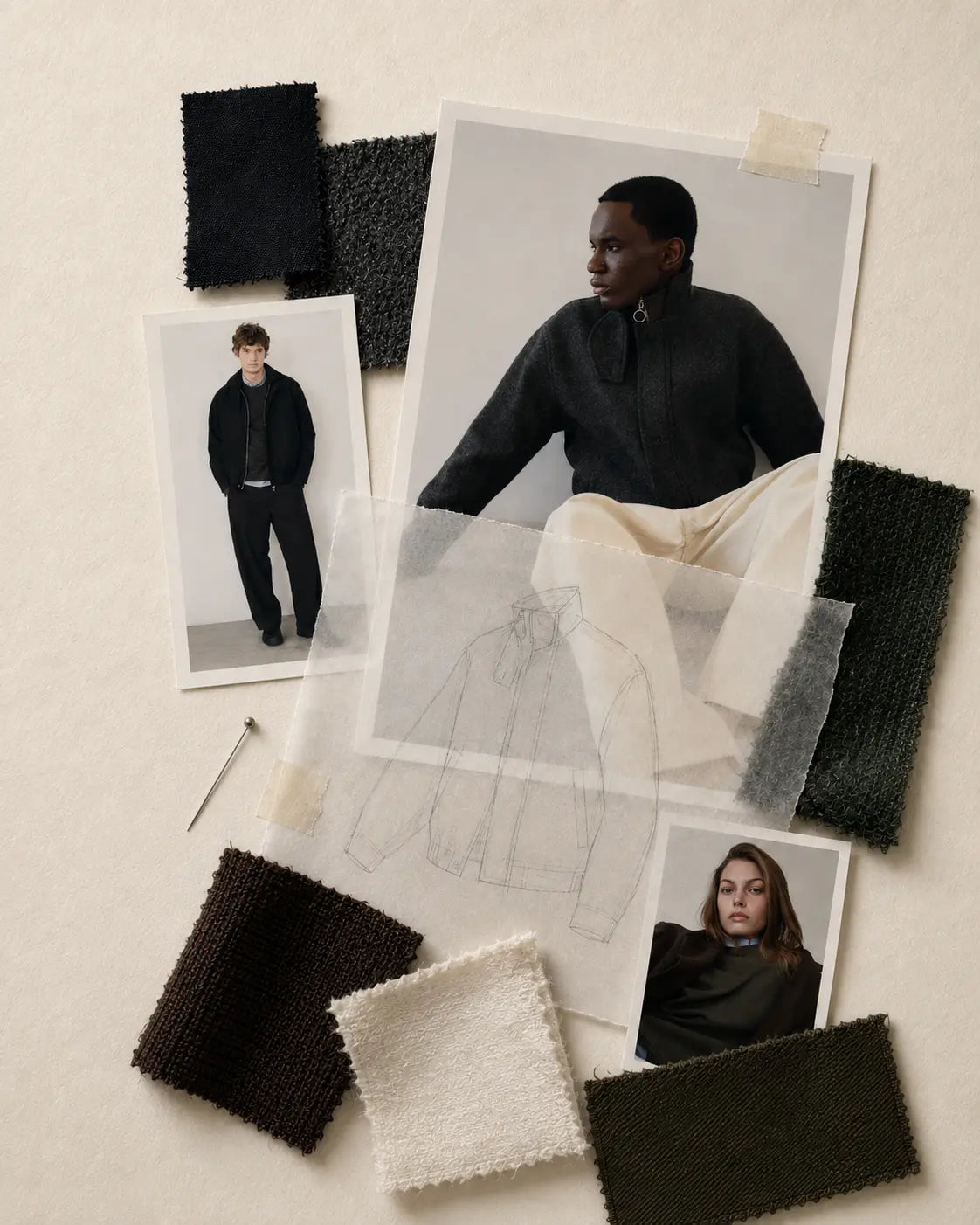 Inside the NOYOCO studio: fabrics, silhouettes and collection studies.